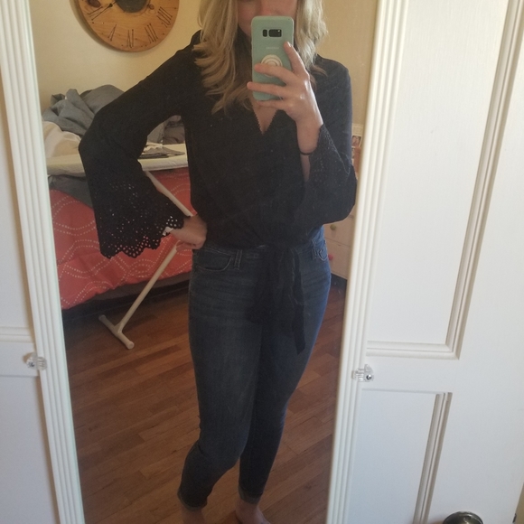 Black Boho Tie Front V Neck Blouse - Picture 2 of 5